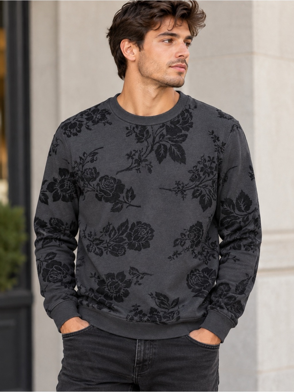 21 Men Floral Rose Sweatshirt Men’s L Black Charcoal Gothic Grunge Crewneck